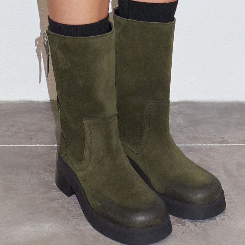 Miista Gunda Dark Green Suede Heeled Boots in box - Picture 3 of 9